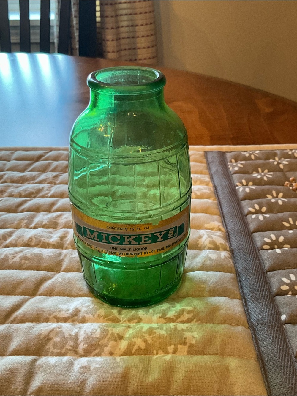 Green Glass Barrel Bottle - Decorative Home Dining Accent Mickeys malt liquor